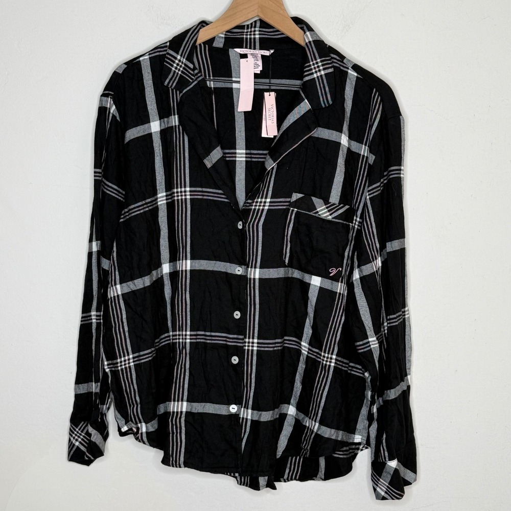 Victoria's Secret Pajama Top Women Large Black Plaid Cotton Blend Cozy Sleepwear